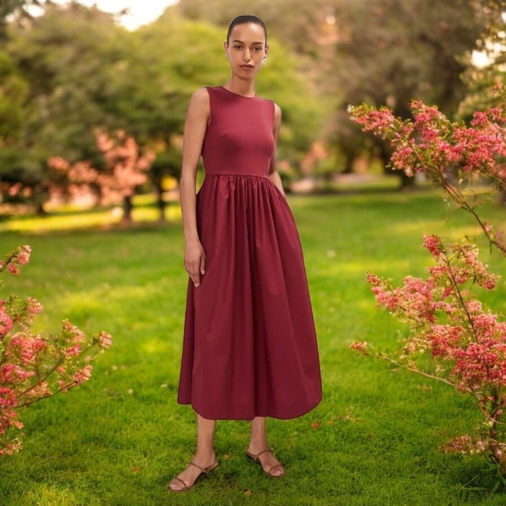 AT-logo Petite Crew Neck Mixed Media Flare Dress